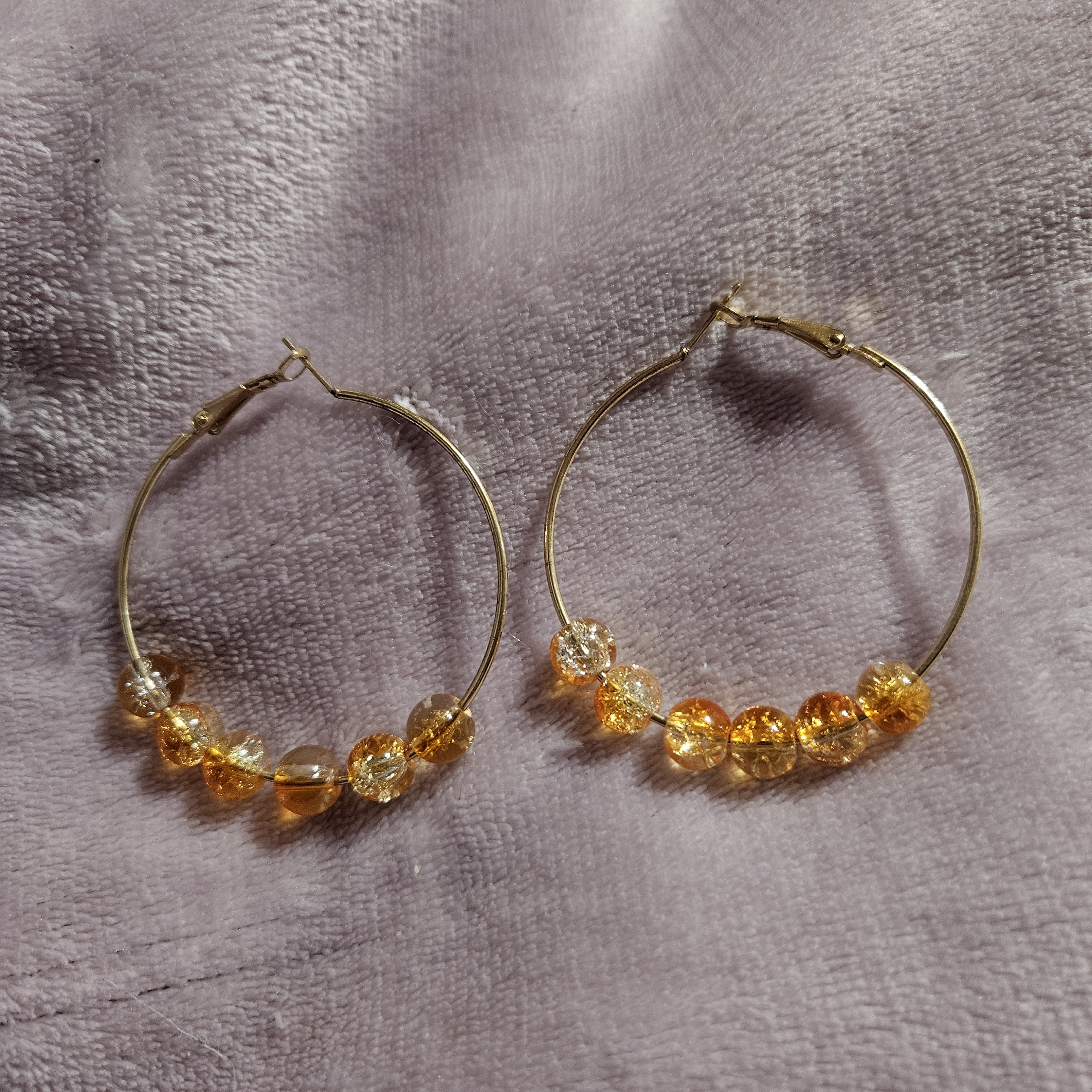 Handmade Fancy Simple Golden And Orange Beaded Hoop Earrings
